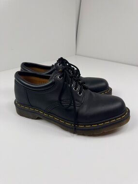 Dr. Martens Black Leather 3-Eye Derby Shoes with Yellow Stitching